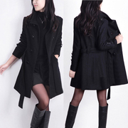 黑色毛呢外套女装中长款小个子2023年韩版系带双排扣秋冬季显