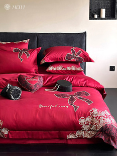 高级感结婚大红色床单四件套全棉纯棉100S婚庆喜被玫瑰花床上用品