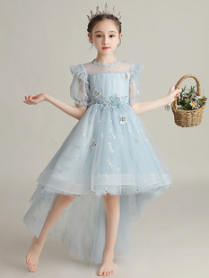 女童礼服高端洋气蓝色前短后长燕尾公主裙小女孩主持人钢琴演出服