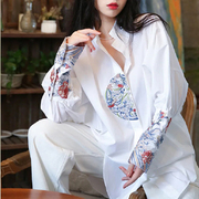 中国风复古重工刺绣衬衫上衣女2024春中式立领宽松中长款衬衣