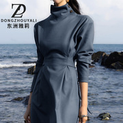 9571法式优雅气质长裙，秋时尚洋气减龄收腰显瘦系带高领连衣裙
