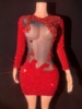 跨境红色水钻透视连衣裙跨境欧美时尚性感派对礼服舞台演出服