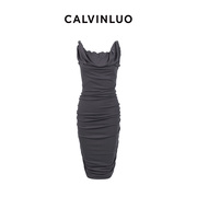 calvinluo肩饰垂褶修身连衣裙，23秋冬米驼色，灰色黑色