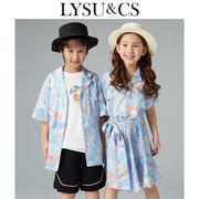 lysucs女童蓝色短袖连衣裙夏学院(夏学院，)风配腰带男童，短袖衬衣海边度假风