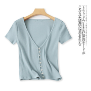 螺纹棉T恤  夏季外贸女装时尚修身V领单排扣短袖短款T恤26667