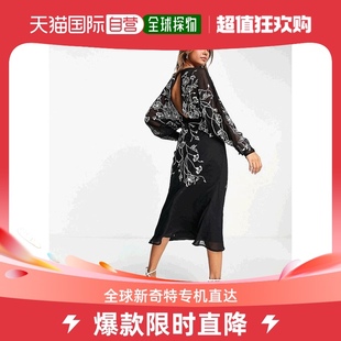 香港直邮潮奢asos女士设计花朵，刺绣蝙蝠袖中长连衣裙(黑色)
