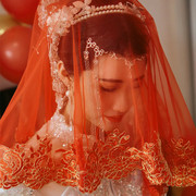新娘红盖头出嫁结婚中式婚礼半透明纱头纱，秀禾蒙头红色蒙头巾