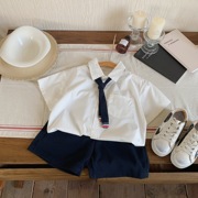 儿童套装2024夏款男中小童学院，风领结白色衬衫两件套短袖衬衣薄款