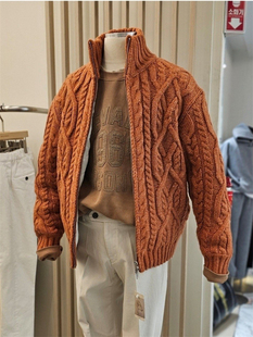 韩国男装高档立体麻花纹重工，可翻立领设计师，毛衣外套针织开衫