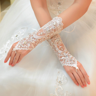 中长款蕾丝花边绑带手套新娘结婚婚纱礼服配饰品勾指珠片手套
