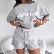 欧美女装 WHITR FOX字母发泡圆领T恤时尚运动短裤套装sportswear