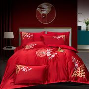 大红色婚庆刺绣四件套全棉纯棉被套床单简约中式结婚加大床上用品