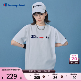 Champion冠军t恤男2024春夏上衣刺绣字母灰色纯棉短袖女白色潮牌