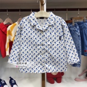 韩国潮童装春男童宝宝小领蓝色满印纯棉长袖衬衫 男孩衬衣
