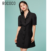 洛可可rococo夏通勤(夏通勤)ol西装领不对称设计黑色显瘦小黑裙连衣裙
