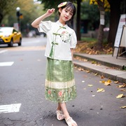 2024女童新中式熊猫马面裙套装中大童夏季短袖国风汉服薄款唐装潮