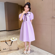 女童夏季短袖连衣裙2023中大童洋气娃娃领棉布裙子紫色公主裙