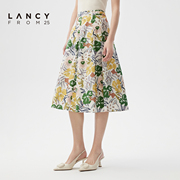 LANCY/朗姿夏季桑蚕丝印花半身裙女气质高腰度假风伞裙中长款