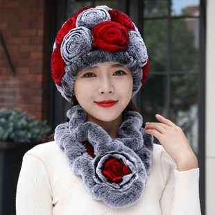 獭兔毛帽子女冬季加厚保暖护耳皮草围巾围脖韩版时尚妈妈奶奶帽子
