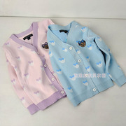 110-150春小熊女童纯棉v领开衫儿童，提花针织衫外套蓝色粉紫