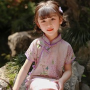 儿童旗袍长款苎麻洋气紫色连衣裙夏季薄女童古筝演出服中国风汉服