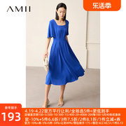 amii2024夏季方(夏季方)领连衣裙女修身大a裙摆雪纺裙小黑裙收腰长裙