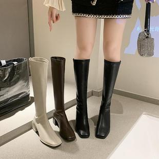 不过膝长靴女春秋2024年新款高筒骑士靴方头粗跟中跟显瘦长筒靴子