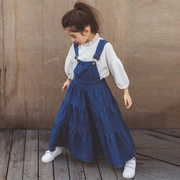 17韩国童装女童秋冬季牛仔裙，纯棉中大儿童个性背带大摆连衣裙