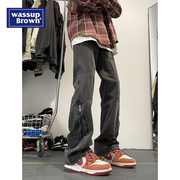 WASSUP显瘦拉链牛仔裤男士冬季美式复古加绒加厚设计感直筒休闲裤