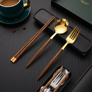 餐具鸡翅木质筷子勺子套装叉子便携式旅行外带金色三件套装学生