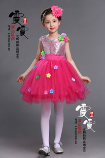 儿童公主裙表演服蓬蓬裙纱裙，生日舞蹈服演出服，女亮片裙玫红可爱风
