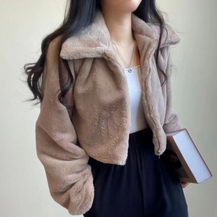 韩国chic秋冬法式减龄拉链，翻领保暖毛绒绒(毛绒绒，)皮草外套女短款开衫外套