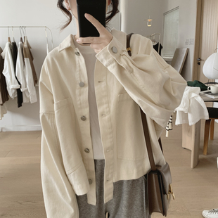 工装外套女式春秋季韩版宽松显瘦大口袋，长袖复古棉质简约上衣
