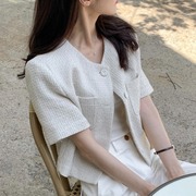 韩国chic夏季减龄法式小香风格子短袖小外套，女显瘦气质百搭开衫