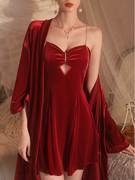 新婚睡裙红色女金丝绒水钻，吊带裙纯欲风秋冬性感，火辣节日睡衣套装