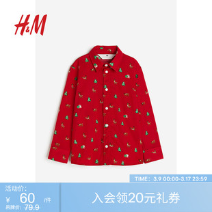 HM童装男童衬衫春季童趣翻折领印花红色长袖衬衫1163558
