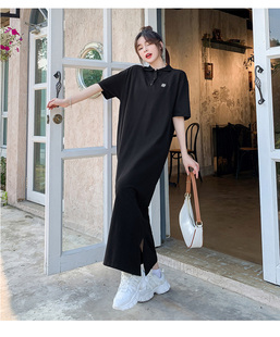 韩系印花黑色超长款POLO裙女休闲夏季大码宽松短袖连衣裙潮