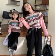 卫衣亲子装韩版母女装春秋季2023粉色条纹，印花假两件t恤姐妹t