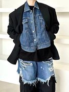 juun.j2023设计师品牌春夏八折男黑色牛仔拼接短款西装外套
