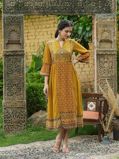 印度进口连衣裙乔其纱双层印花裙，印巴风情民族，风长裙复古黄色