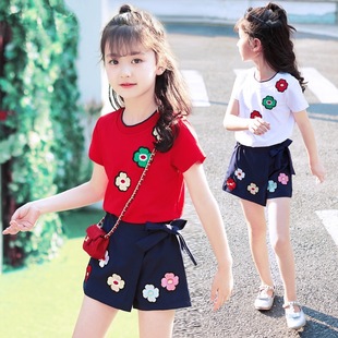 童装女童夏季短裙套装，2023韩版夏款，花朵短袖运动套装两件套