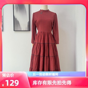 秋冬红镯子女士纯棉优雅气质时尚洋气高腰显瘦修身长袖连衣裙