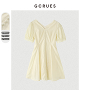 gcrues法式v领连衣裙，女收腰2024夏季小个子，显瘦a字裙黄色裙子