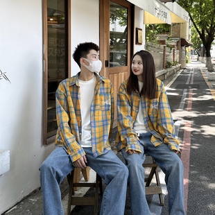 3KU夫妇黄色格子衬衫设计感高级宽松情侣休闲风上衣潮情侣款