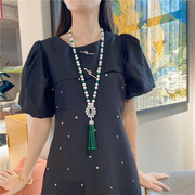 欧美时尚长款毛衣链天然珍珠绿玛瑙流苏项链复古饰品高端大气