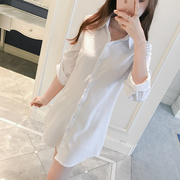 韩国雪纺衫打低白色女衬衫，长袖大码女装中长宽松款休闲睡衣防晒衣