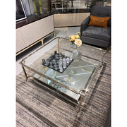 美式玻璃方形茶几现代简约不锈钢，矮方桌法式轻奢正方形边几咖啡桌