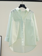浅绿色衬衫女长袖2024夏季不规则设计感小个子衬衣薄款防晒衫