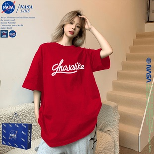 NASA龙年新年中国红色宽松春夏纯棉短袖t恤男女款情侣装2024