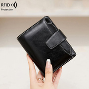 定制rfid女士钱包拉链搭扣，卡包油蜡皮零钱包，欧美时尚短款钱包